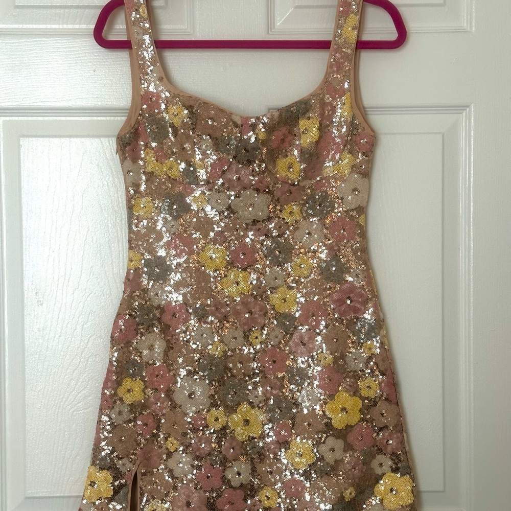 Cider Floral Sequin Mini Dress in Pink, Yellow, Cream